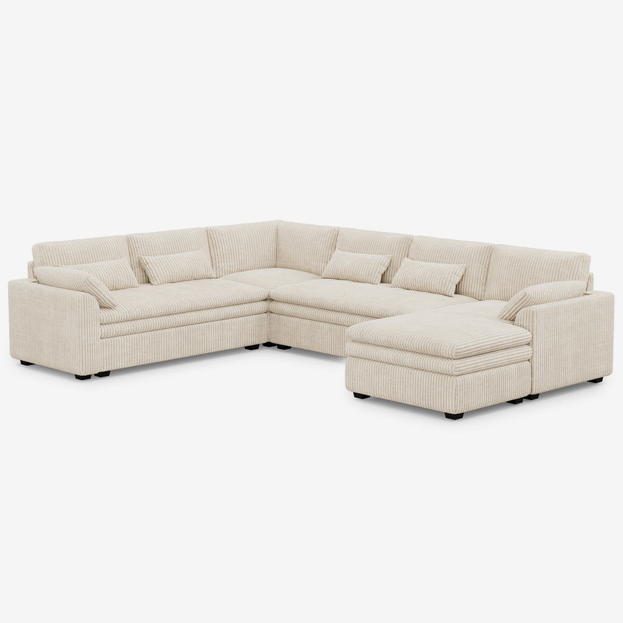 Ivory-Beige-/-Corduroy-6-Seat-L-Shaped-Right-Chaise-Sectional