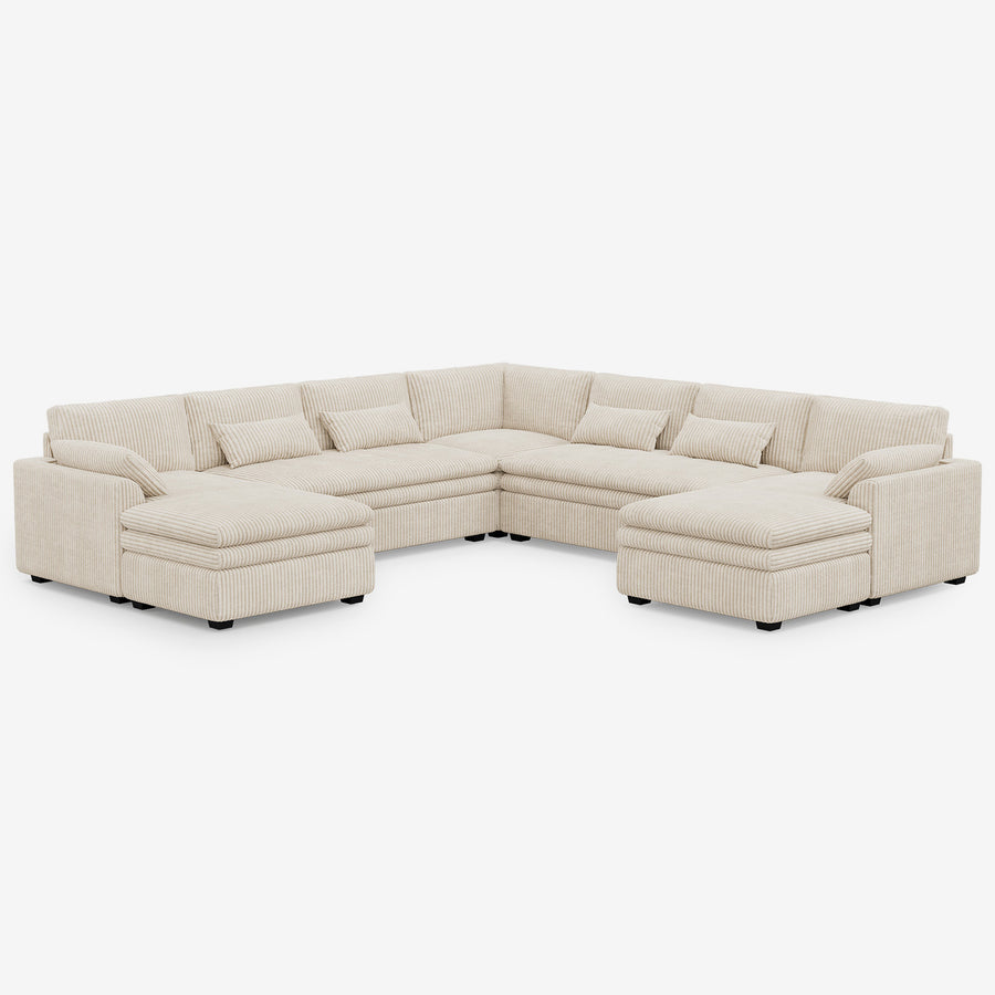 Ivory-Beige-/-Corduroy-7-Seat-U-Shaped-Double-Chaise-Sectional