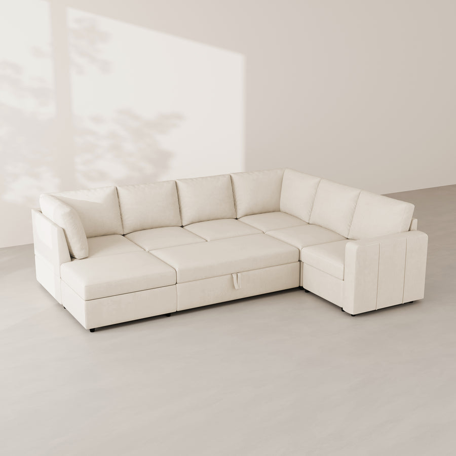 Cosmic-Latte-/-Velvet-7-Seat-U-Shaped-Pullout-Sectional