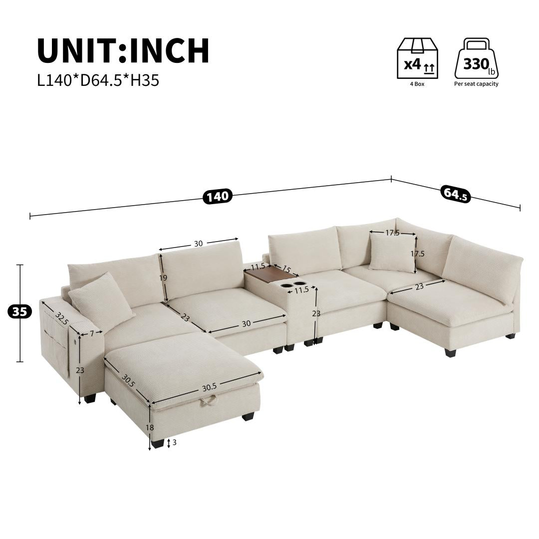 corduroy-Ivory-Beige-4-Seats-U-Shaped-Sectional-dimension