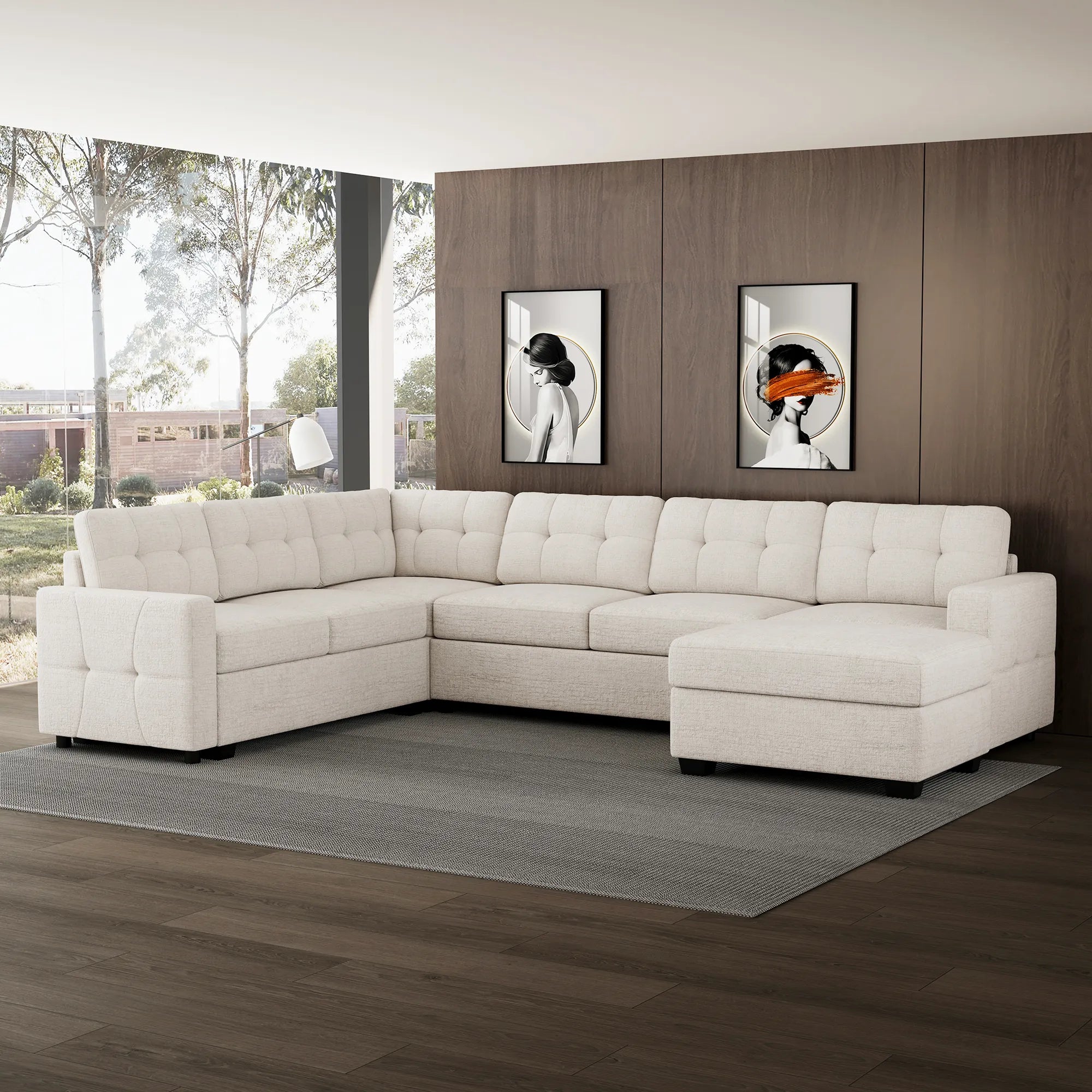 misty-white-/-chenille-7-Seat-U-Shaped-Pullout-Sectional