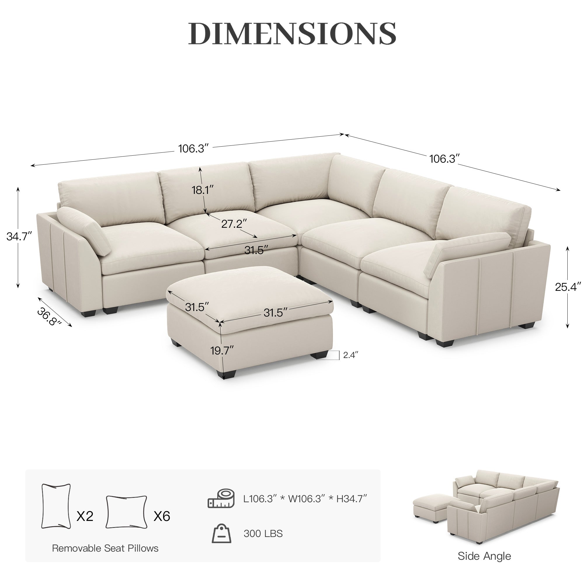 Uteeran Oversized Cloud 5 Seats Sofa with Ottoman