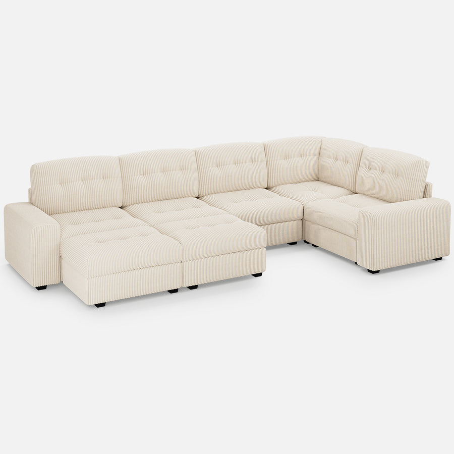 Ivory-Beige-/-Corduroy-5-Seat-Corner-Sectional-with-2-Ottomans