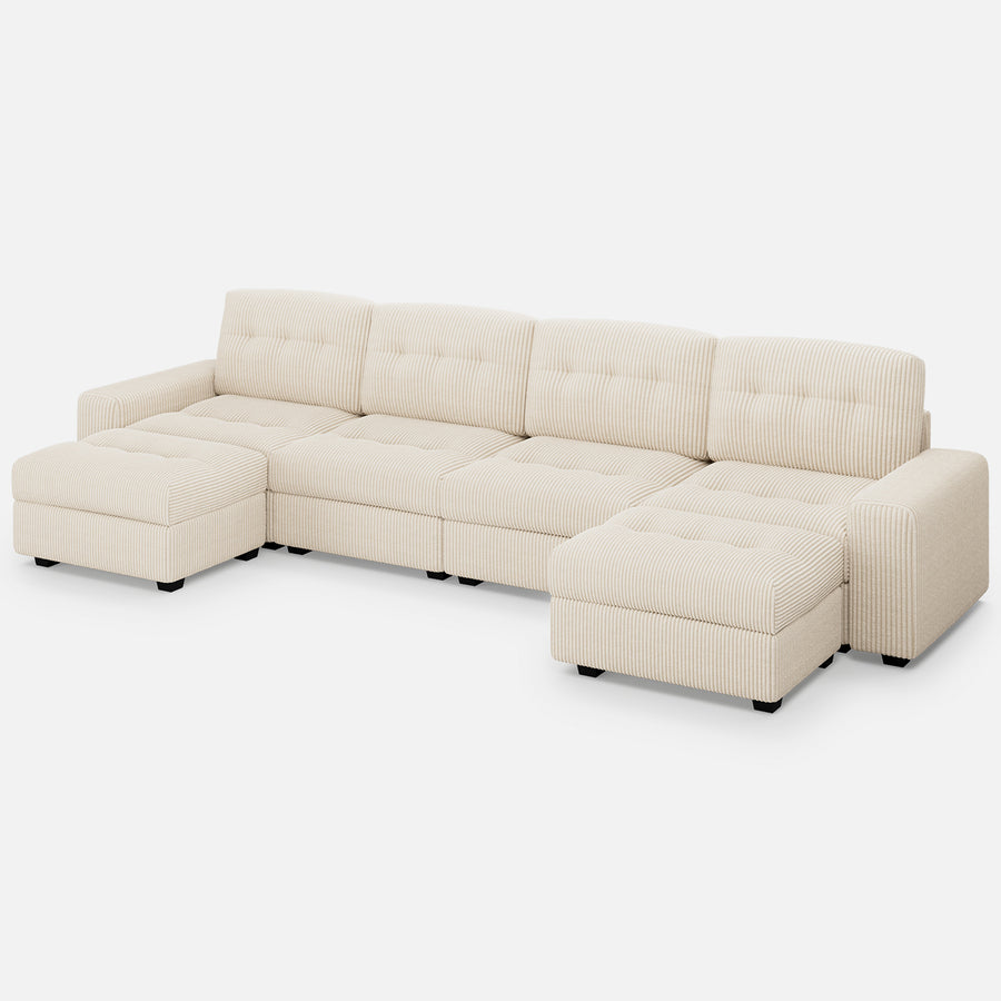 Ivory-Beige-/-Corduroy-4-Seat-U-Shaped-Sectional-with-2-Ottomans
