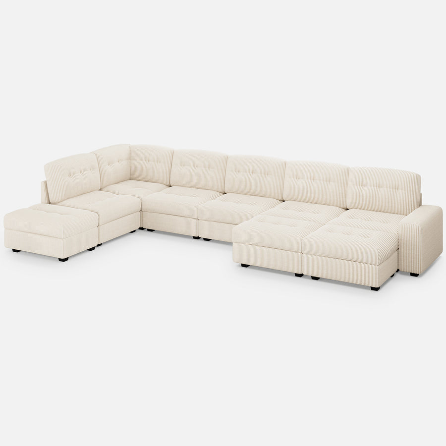 Ivory-Beige-/-Corduroy-5-Seat-L-Shaped-Sectional-with-3-Ottomans