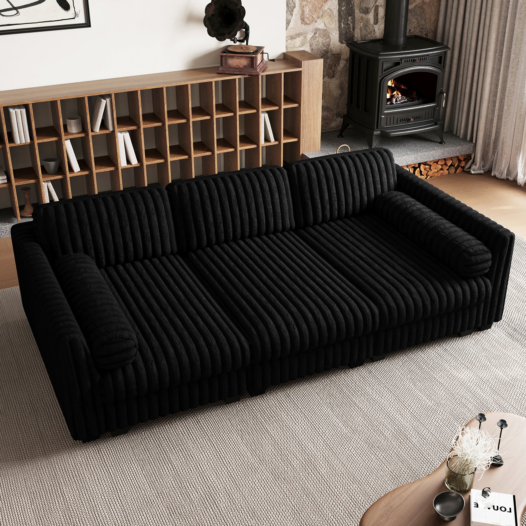 Piano-Black-/-Faux-Rabbit-Fur-Corduroy-86-Inch-Sleeper-Sofa