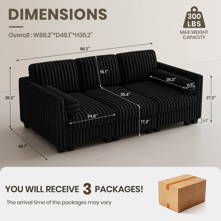 Piano-Black-/-Faux-Rabbit-Fur-Corduroy-3-Seat-Sleeper-Sofa-dimension