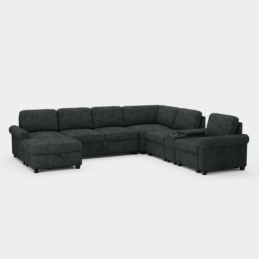 Graphite-Grey-/-Chenille-7-Seat-U-Shaped-Pullout-Sectional-with-Console