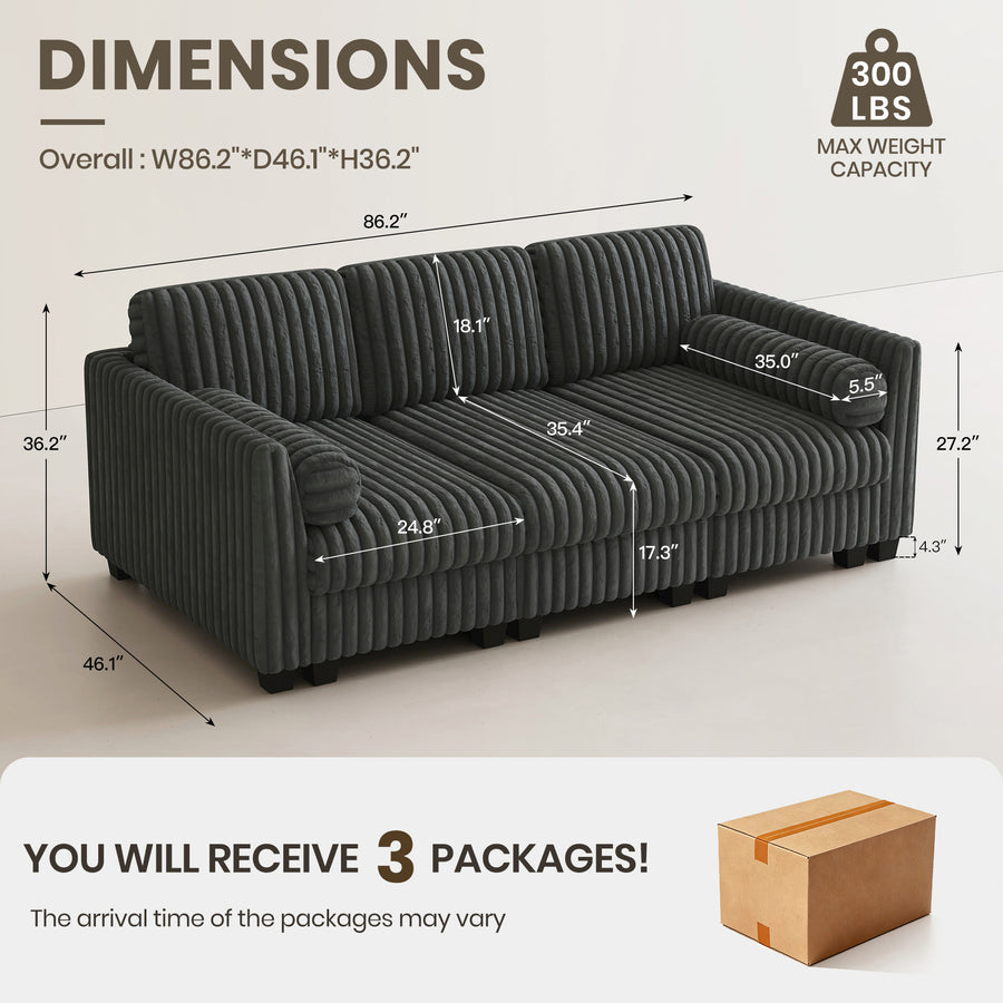 Dark-Grey-/-Faux-Rabbit-Fur-Corduroy-3-Seat-Sleeper-Sofa-dimension
