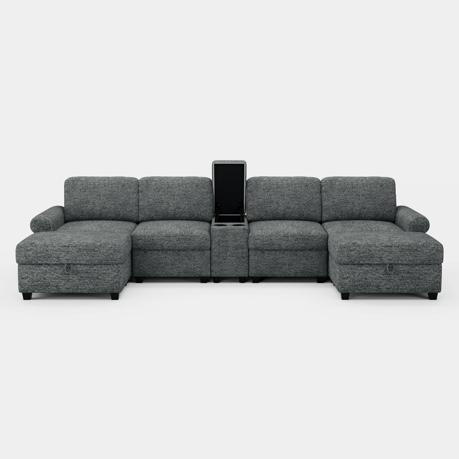 Silver-Grey-/-Chenille-6-Seat-U-Shaped-Sectional-with-Console