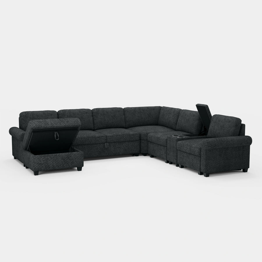 Graphite-Grey-/-Chenille-7-Seat-U-Shaped-Pullout-Sectional-with-Console