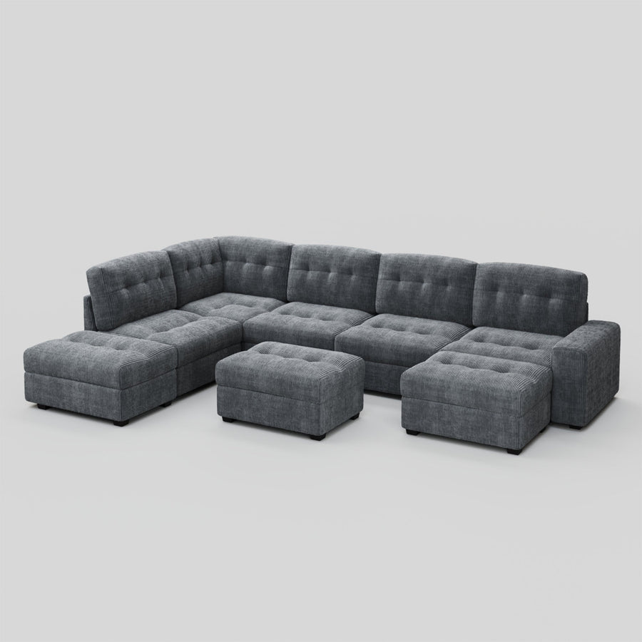 Pewter-Grey-/-Corduroy-5-Seat-L-Shaped-Left-Chaise-Sectional-with-2-Ottomans