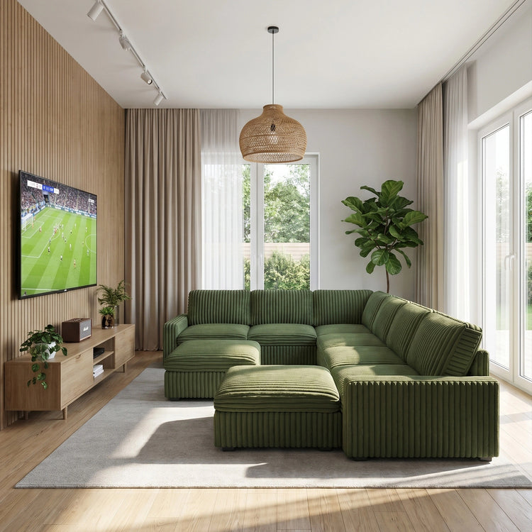 Thara upgraded cloud sofa with deep seats and white performance fabric in a modern minimalist living room layout