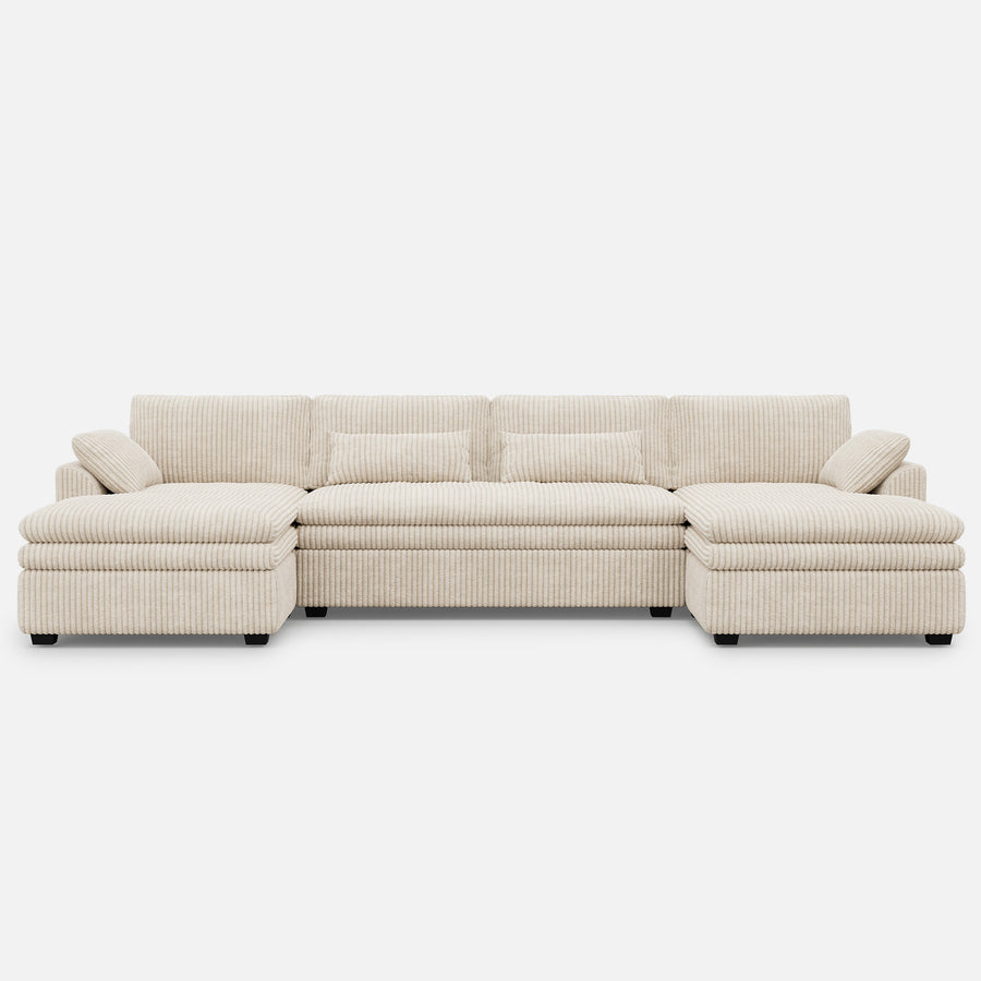 Ivory-Beige-/-Corduroy-4-Seat-U-Shaped-Double-Chaise-Sectional