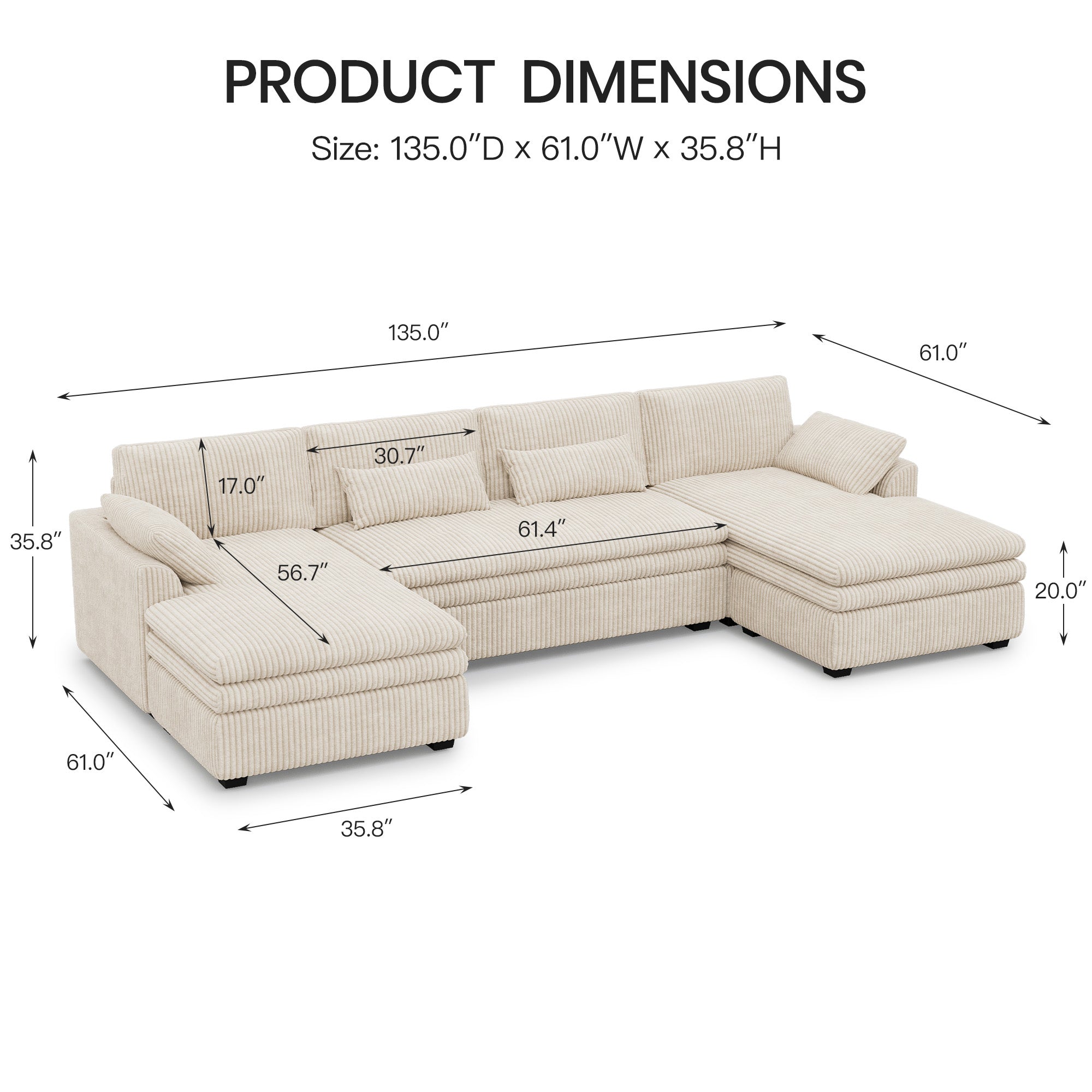 Vayla Oversized Cloud 4 Seats Sofa with Double Chaise