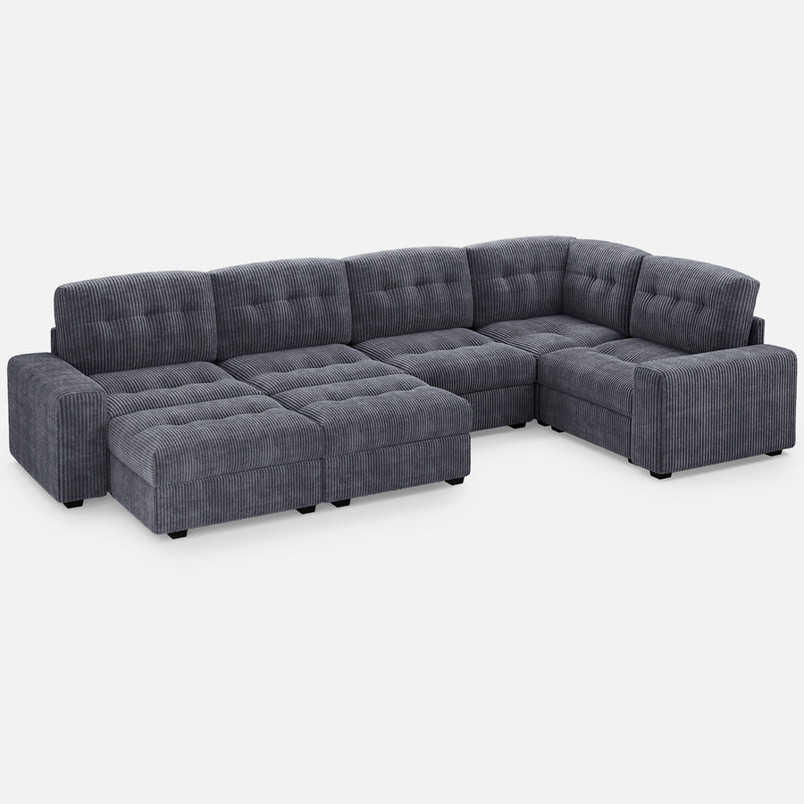 Pewter-Grey-/-Corduroy-5-Seat-Corner-Sectional-with-2-Ottomans
