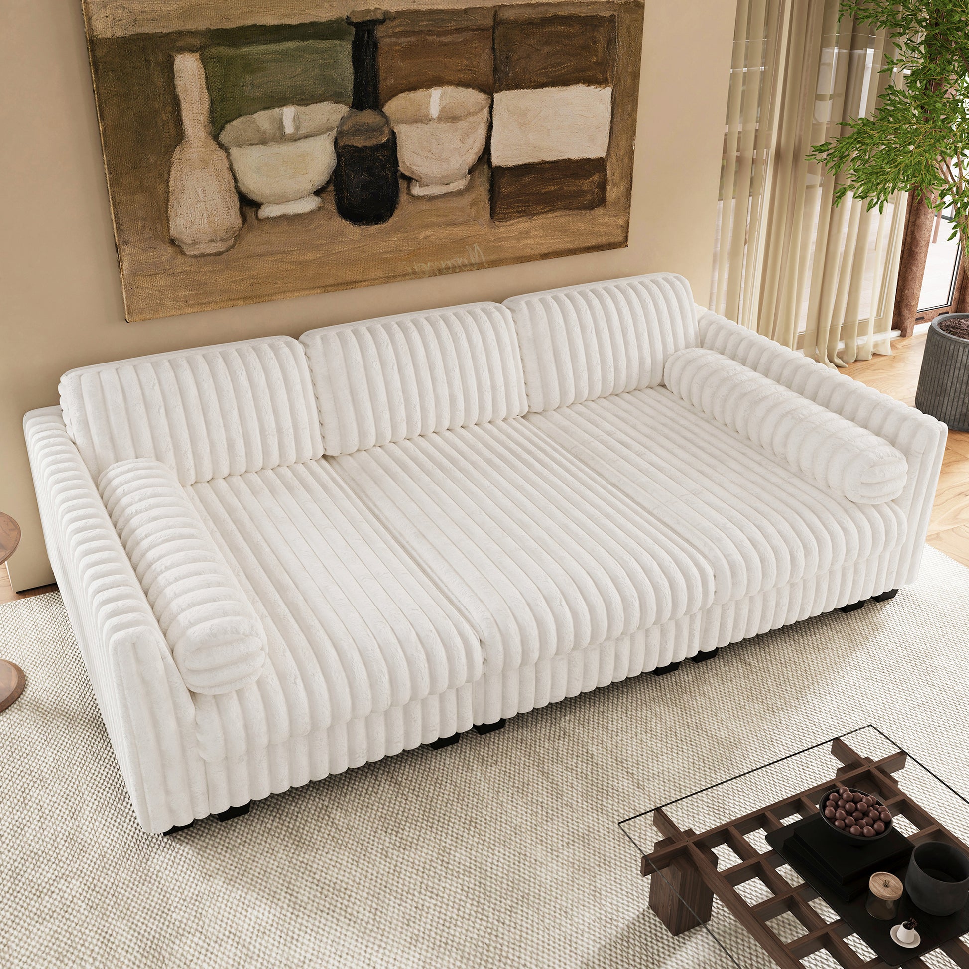 White-Beige-/-Faux-Rabbit-Fur-Corduroy-86-Inch-Sleeper-Sofa