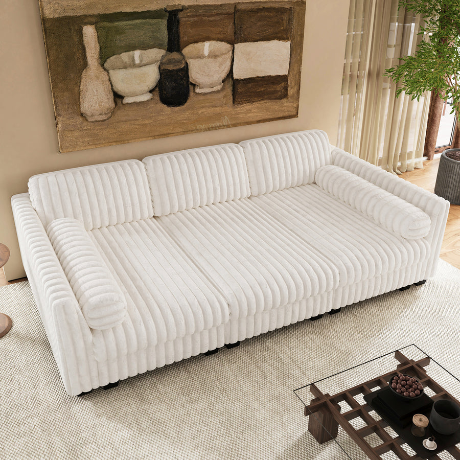 White-Beige-/-Faux-Rabbit-Fur-Corduroy-3-Seat-Sleeper-Sofa