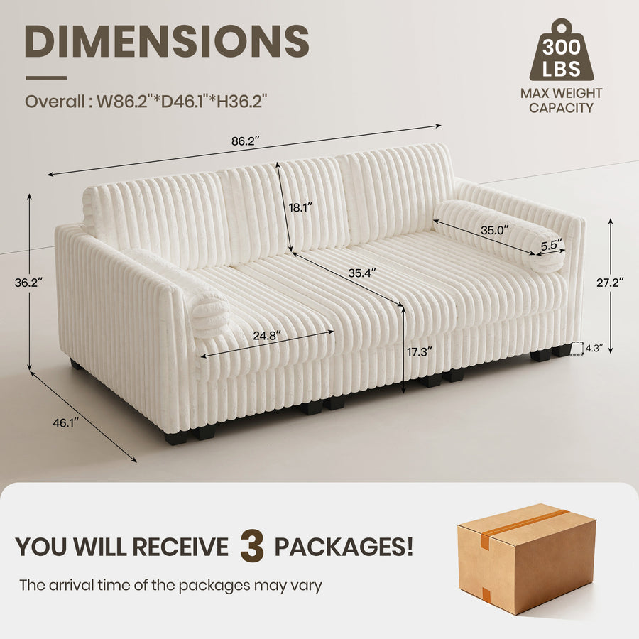 White-Beige-/-Faux-Rabbit-Fur-Corduroy-3-Seat-Sleeper-Sofa-dimension