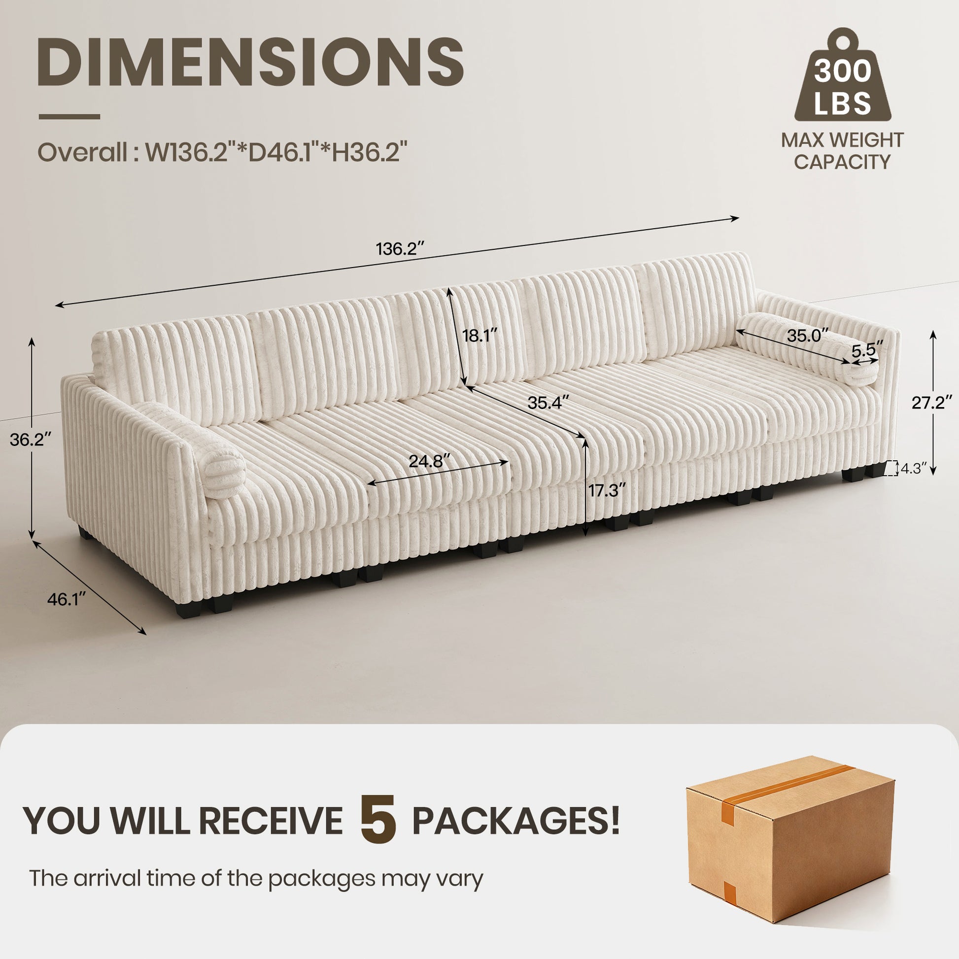 White-Beige-/-Faux-Rabbit-Fur-Corduroy-136-Inch-Sleeper-Sofa-dimension
