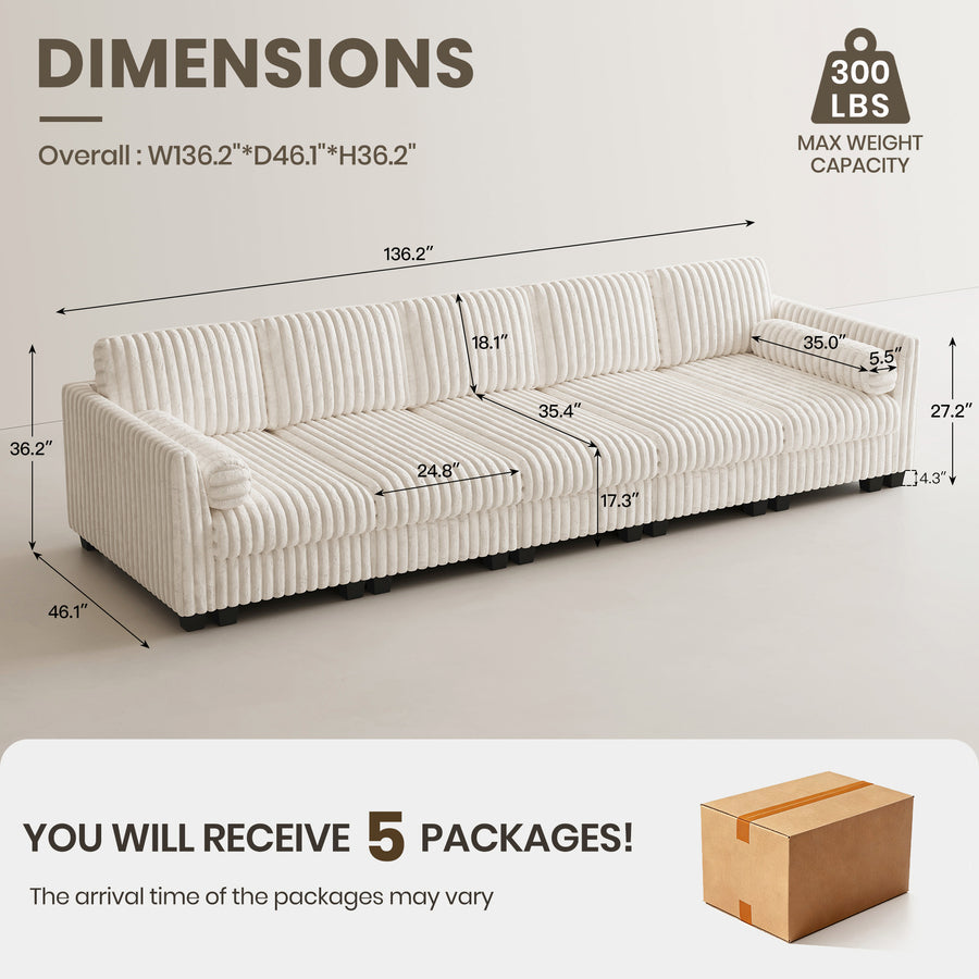 White-Beige-/-Faux-Rabbit-Fur-Corduroy-5-Seat-Sleeper-Sofa-dimension