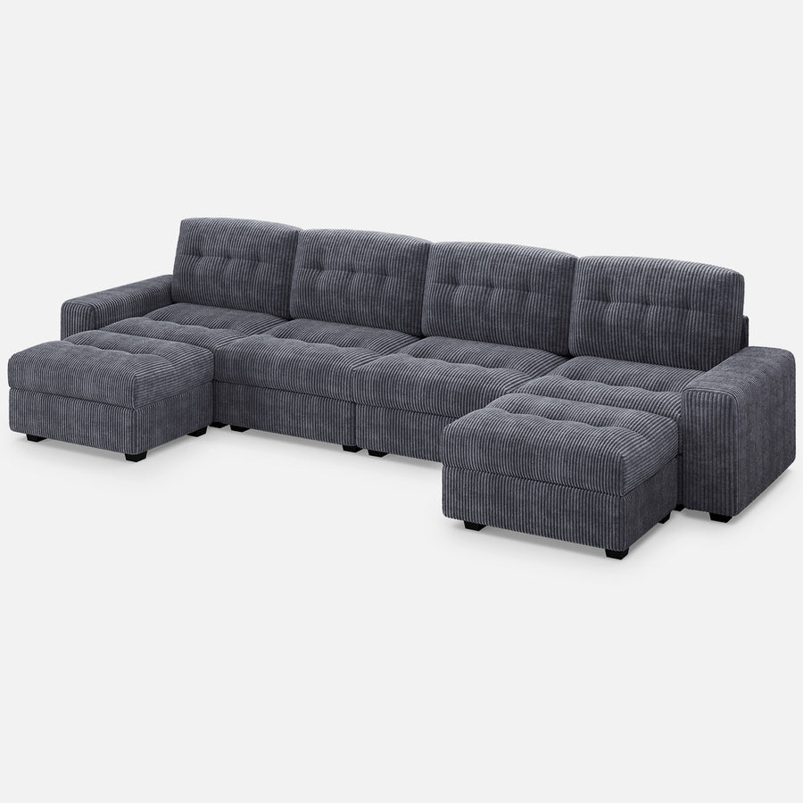 Pewter-Grey-/-Corduroy-4-Seat-U-Shaped-Sectional-with-2-Ottomans