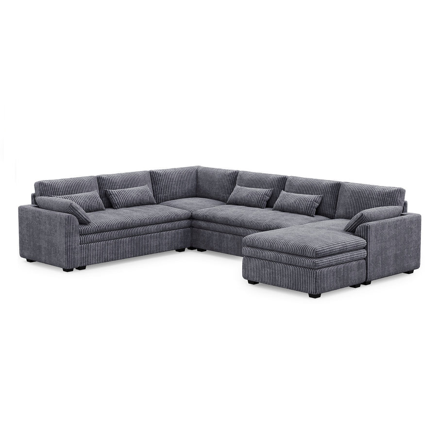 Pewter-Grey-/-Corduroy-6-Seat-L-Shaped-Right-Chaise-Sectional